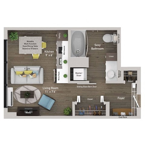 Floor plan for studio, 1 bath, 374 sqft