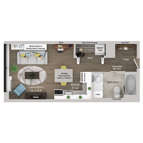 Floor plan for studio, 1 bath, 384 sqft