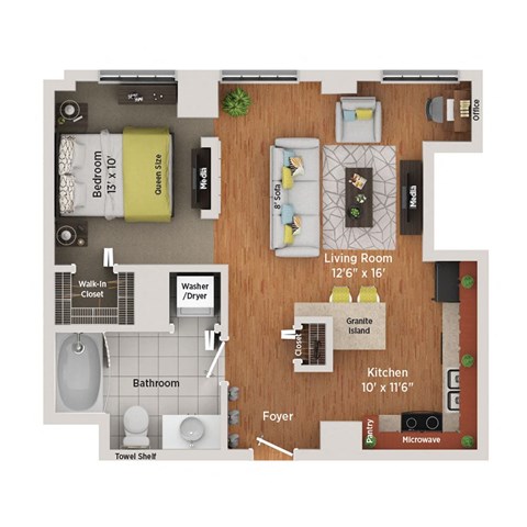Floor plan for studio, 1 bath, 585 sqft