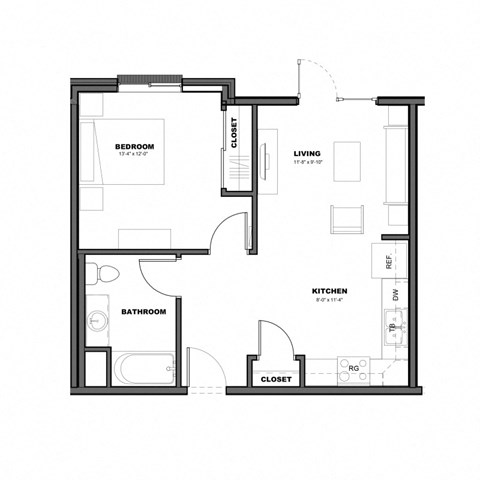 Floor plan for 1 bed, 1 bath, 560 sqft