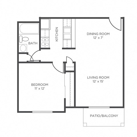 Floor plan for 1 bed, 1 bath, 639 sqft