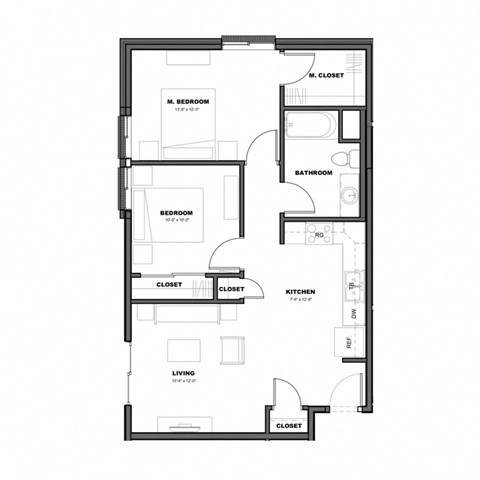 Floor plan for 2 beds, 1 bath, 751 sqft