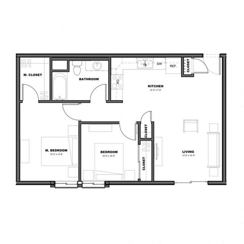 Floor plan for 2 beds, 1 bath, 764 sqft
