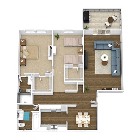 Floor plan for 2 beds, 2 baths, 1070 sqft