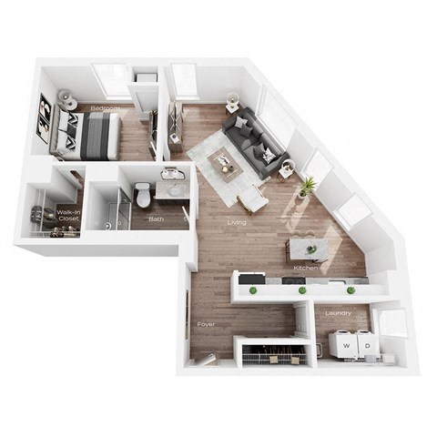 Floor plan for 1 bed, 1 bath, 852 sqft