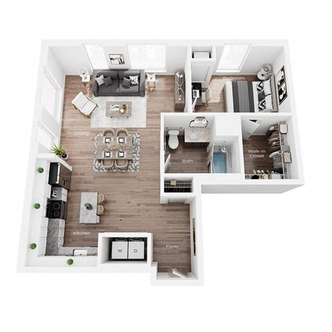 Floor plan for 1 bed, 1 bath, 909 sqft