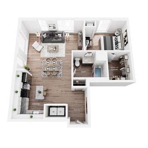 Floor plan for 1 bed, 1 bath, 909 sqft