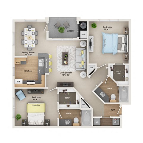 Floor plan for 2 beds, 2 baths, 1066 sqft