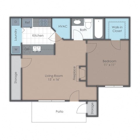 Floor plan for 1 bed, 1 bath, 600 sqft