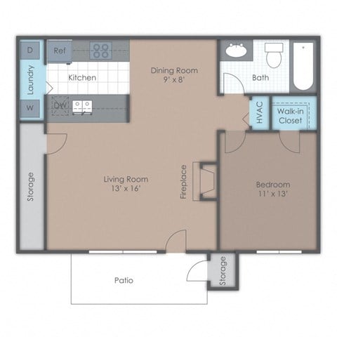 Floor plan for 1 bed, 1 bath, 754 sqft