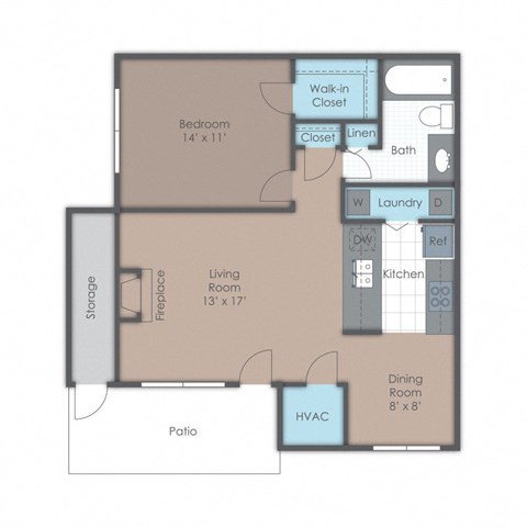 Floor plan for 1 bed, 1 bath, 786 sqft