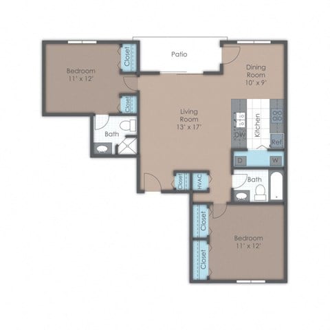 Floor plan for 2 beds, 2 baths, 944 sqft