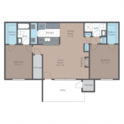 Floor plan for 2 beds, 2 baths, 993 sqft