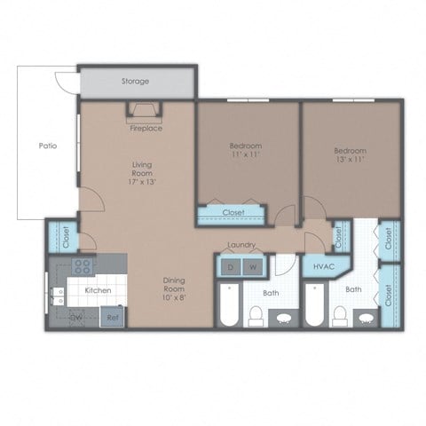 Floor plan for 2 beds, 2 baths, 1027 sqft