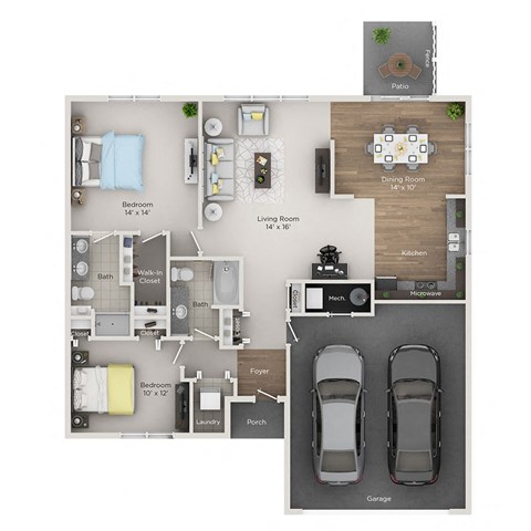Floor plan for 2 beds, 2 baths, 1300 sqft