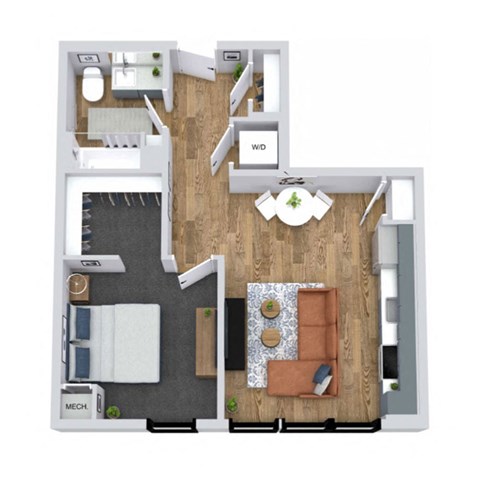 Floor plan for 1 bed, 1 bath, 602 sqft