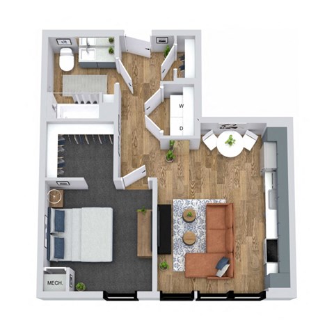 Floor plan for 1 bed, 1 bath, 602 sqft