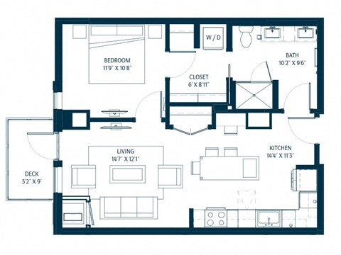 Floor plan for 1 bed, 1 bath, 717 sqft