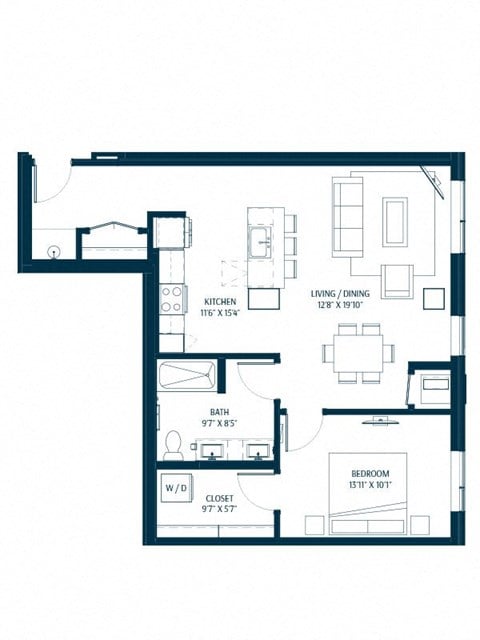 Floor plan for 1 bed, 1 bath, 878 sqft