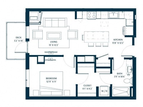 Floor plan for 1 bed, 1 bath, 724 sqft