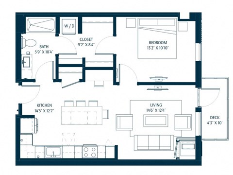 Floor plan for 1 bed, 1 bath, 729 sqft