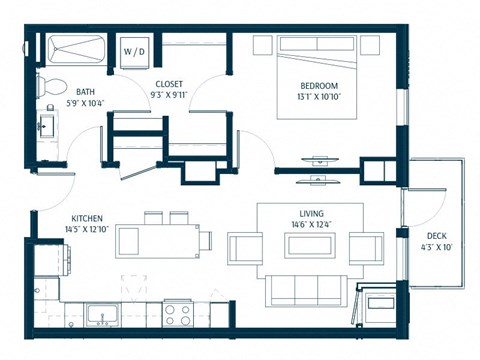 Floor plan for 1 bed, 1 bath, 730 sqft