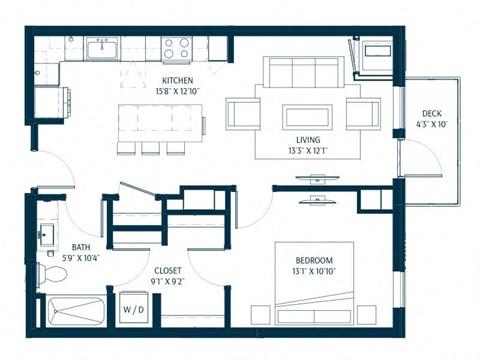 Floor plan for 1 bed, 1 bath, 730 sqft