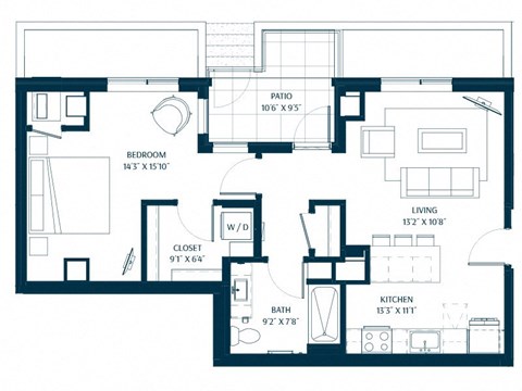 Floor plan for 1 bed, 1 bath, 774 sqft