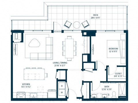 Floor plan for 1 bed, 1 bath, 1043 sqft