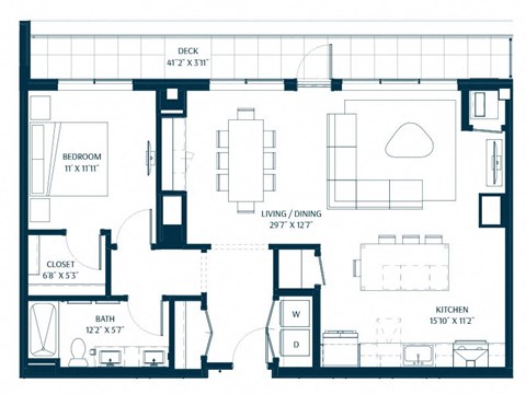 Floor plan for 1 bed, 1 bath, 1045 sqft
