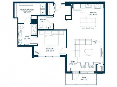 Floor plan for 1 bed, 1.5 baths, 1116 sqft