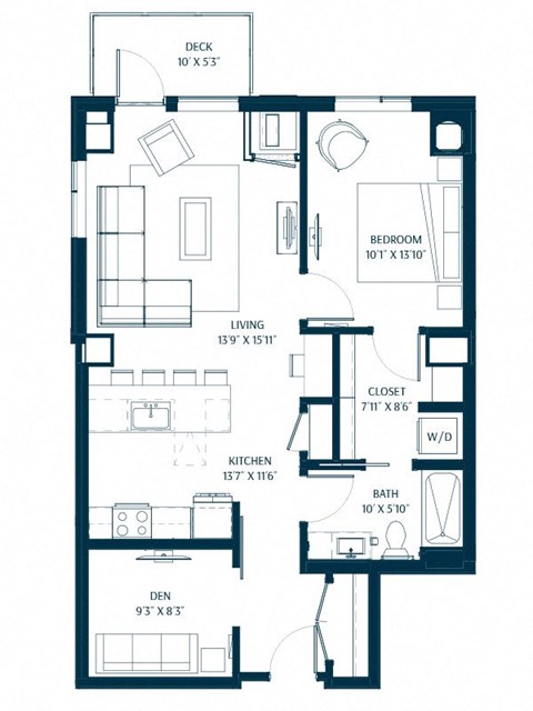 Floor plan for 2 beds, 1 bath, 889 sqft