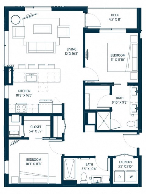 Floor plan for 2 beds, 2 baths, 1115 sqft