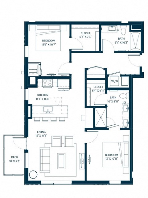 Floor plan for 2 beds, 2 baths, 1156 sqft