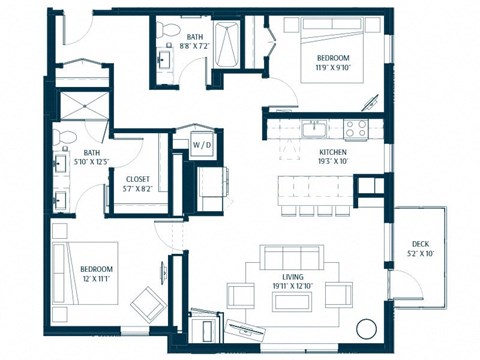 Floor plan for 2 beds, 2 baths, 1180 sqft