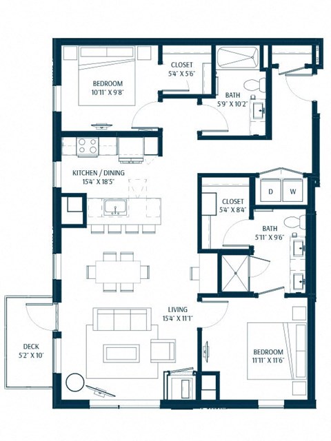 Floor plan for 2 beds, 2 baths, 1186 sqft
