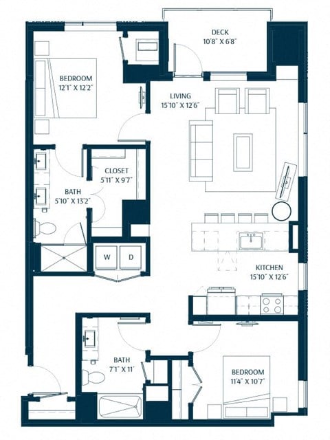 Floor plan for 2 beds, 2 baths, 1202 sqft