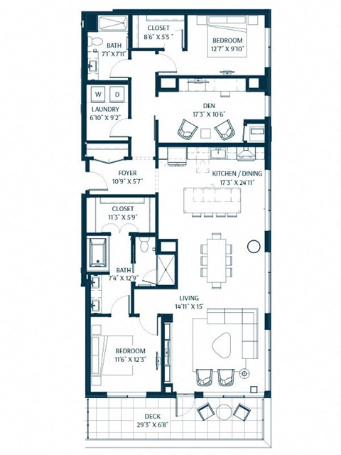 Floor plan for 2 beds, 2 baths, 1867 sqft