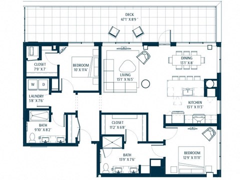 Floor plan for 2 beds, 2 baths, 1435 sqft