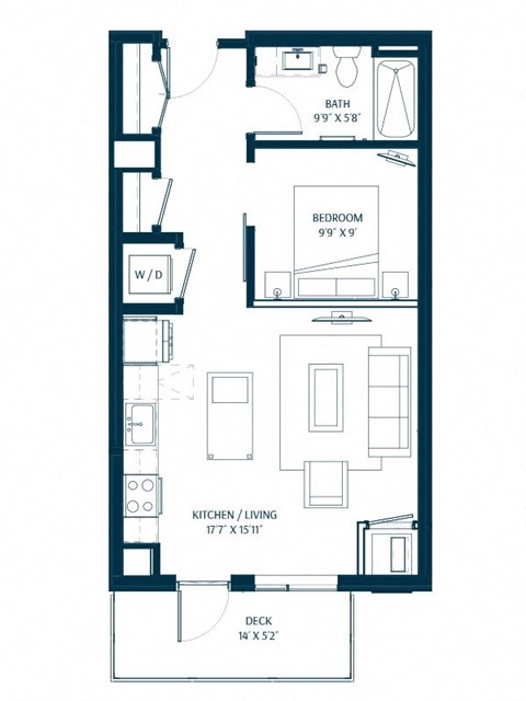 Floor plan for 1 bed, 1 bath, 601 sqft