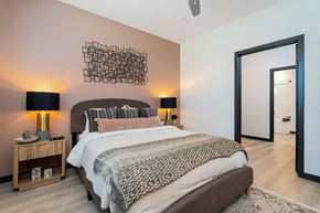 Charlestown apartment for rent - A bedroom with a large bed and a lamp on a side table.