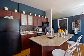 Chicago apartment for rent - a kitchen with a counter top and a refrigerator