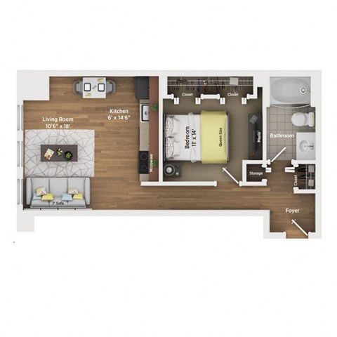 Floor plan for 1 bed, 1 bath, 650 sqft
