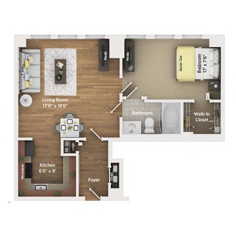 Floor plan for 1 bed, 1 bath, 700 sqft