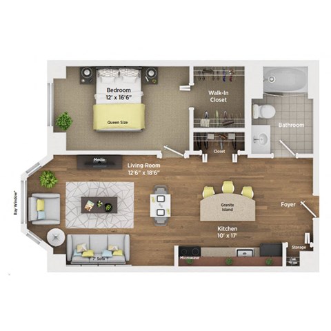 Floor plan for 1 bed, 1 bath, 725 sqft
