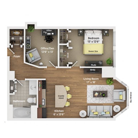 Floor plan for 1 bed, 1 bath, 750 sqft