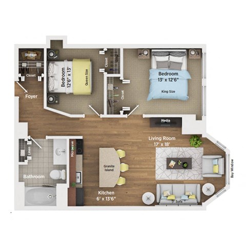 Floor plan for 2 beds, 1 bath, 850 sqft
