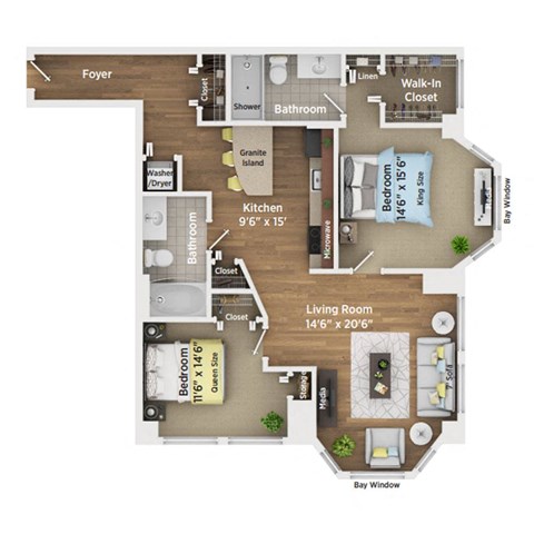 Floor plan for 2 beds, 2 baths, 1125 sqft