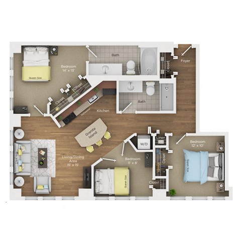 Floor plan for 3 beds, 2 baths, 1100 sqft