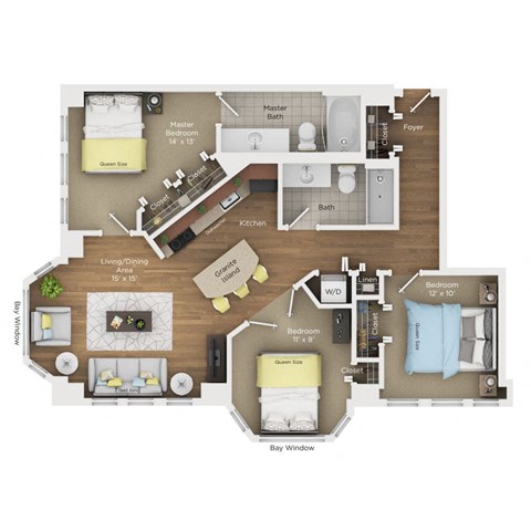 Floor plan for 3 beds, 2 baths, 1200 sqft